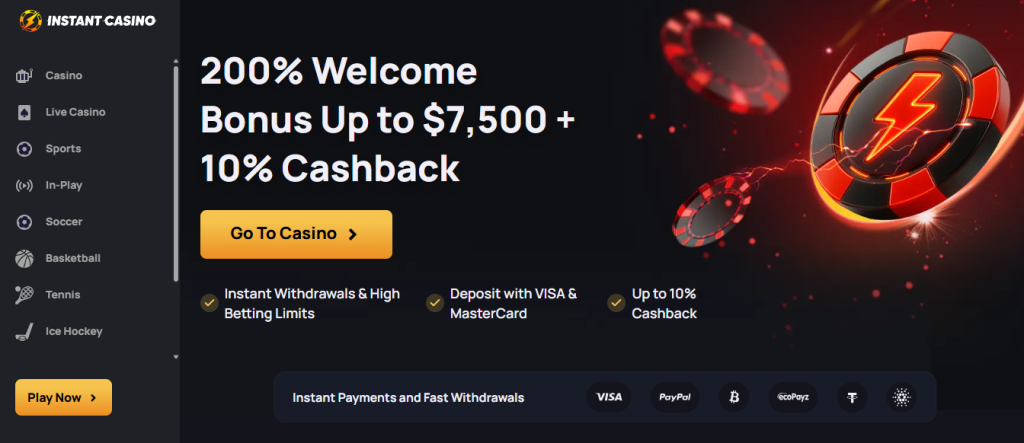 Screenshot of instant casino home page featuring generous welcome bonus and fast payment options Instant casino