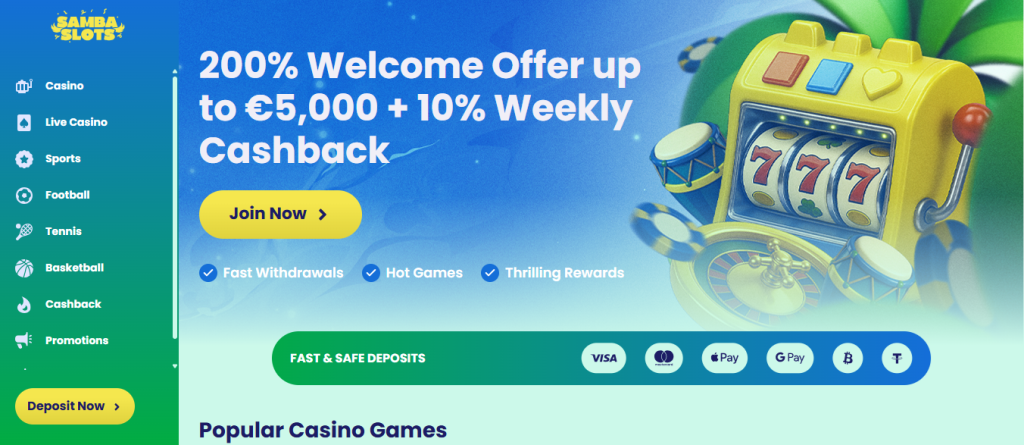 snapshot of samba slots main page featuring fast and safe payment options and main welcome bonus samba slots - best online casino sites malaysia